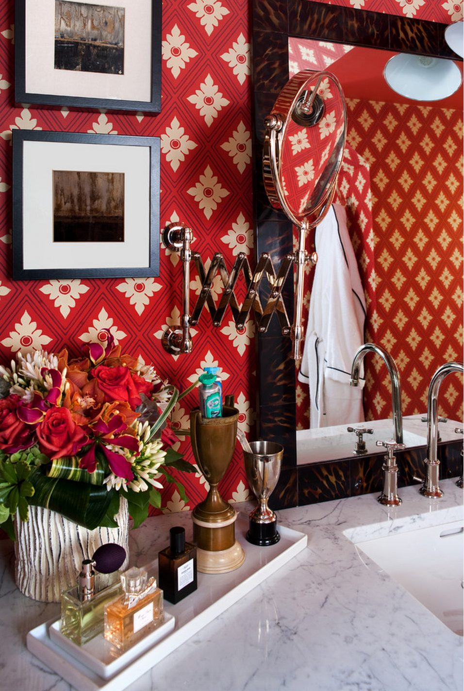 The Scarlet Bath — red ikat wallpaper, walnut vanity, and marble mosaic at the DC Design House by Christopher Patrick Interiors