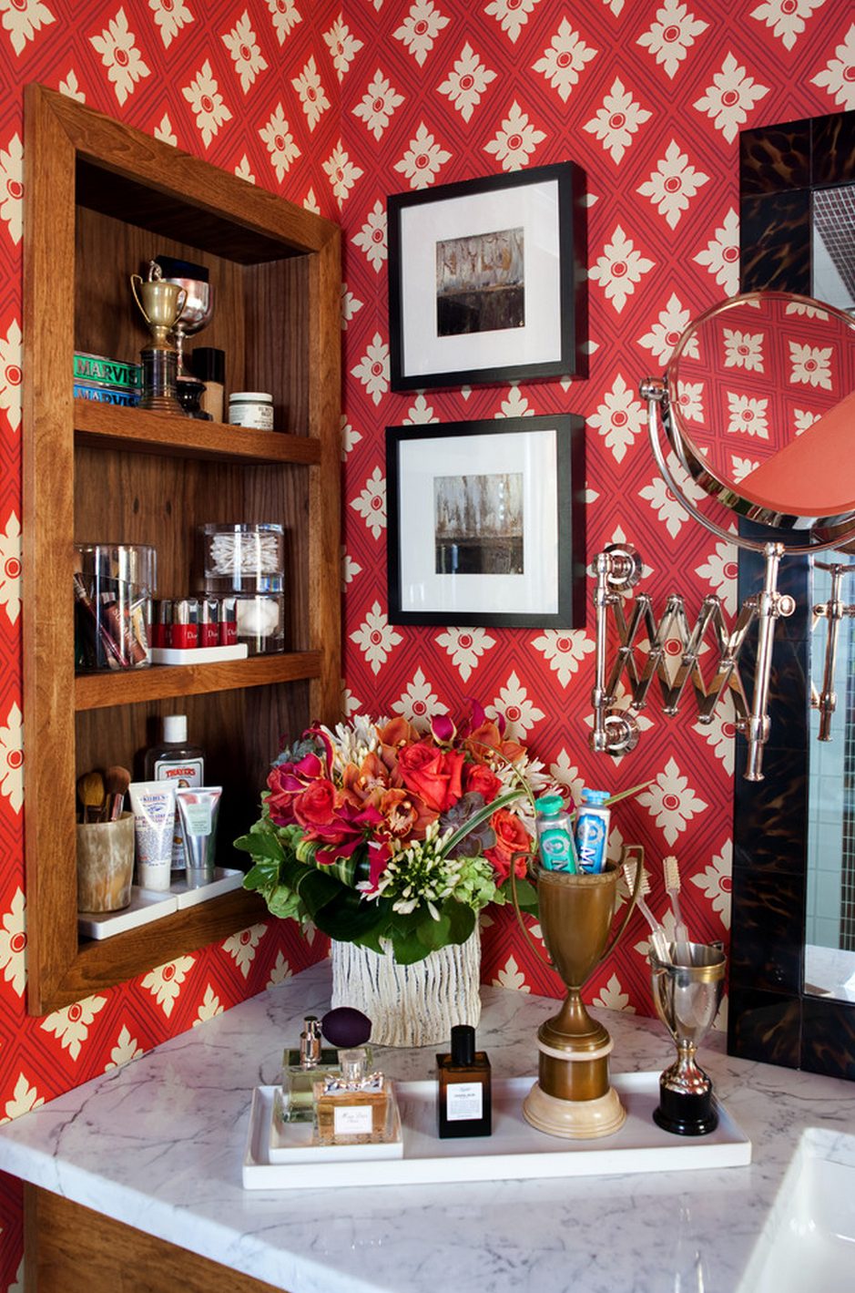 The Scarlet Bath — red ikat wallpaper, walnut vanity, and marble mosaic at the DC Design House by Christopher Patrick Interiors