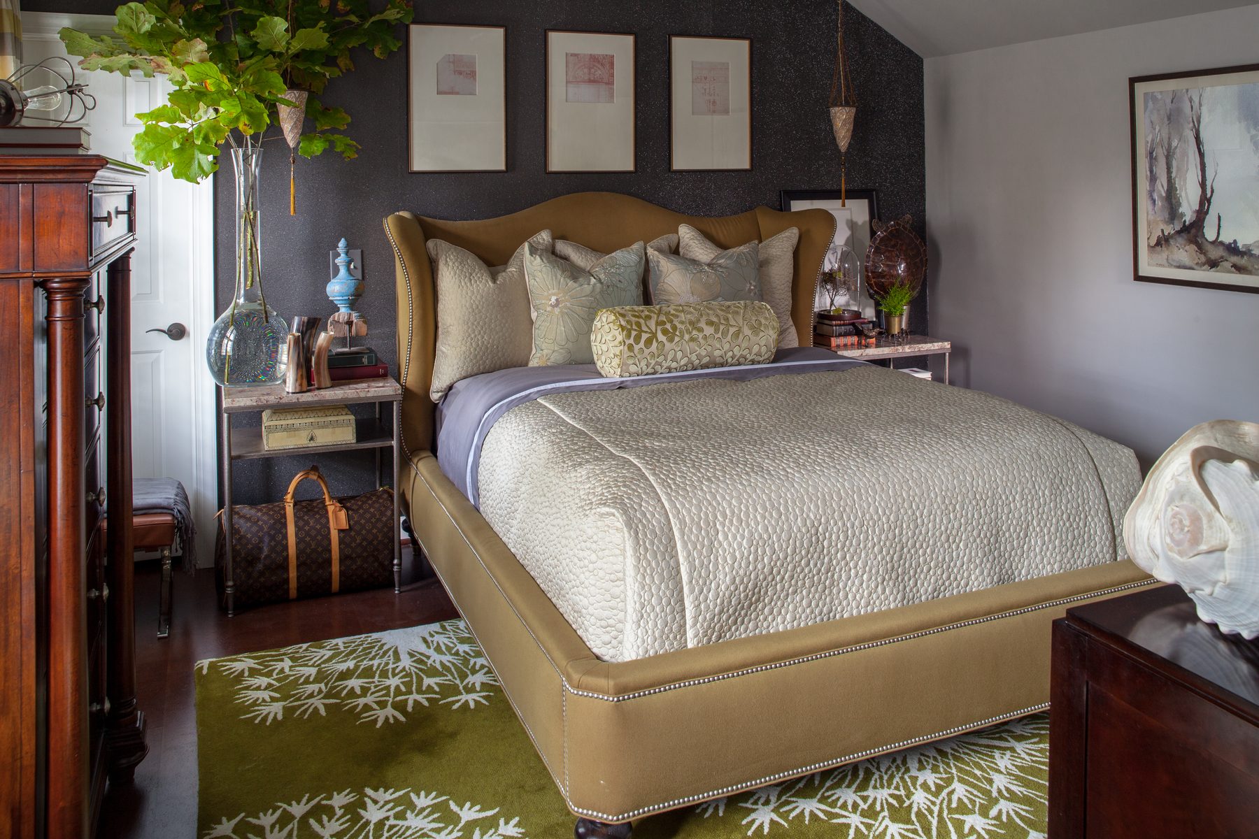 Lake house interior in olive, camel, and slate by Christopher Patrick Interiors
