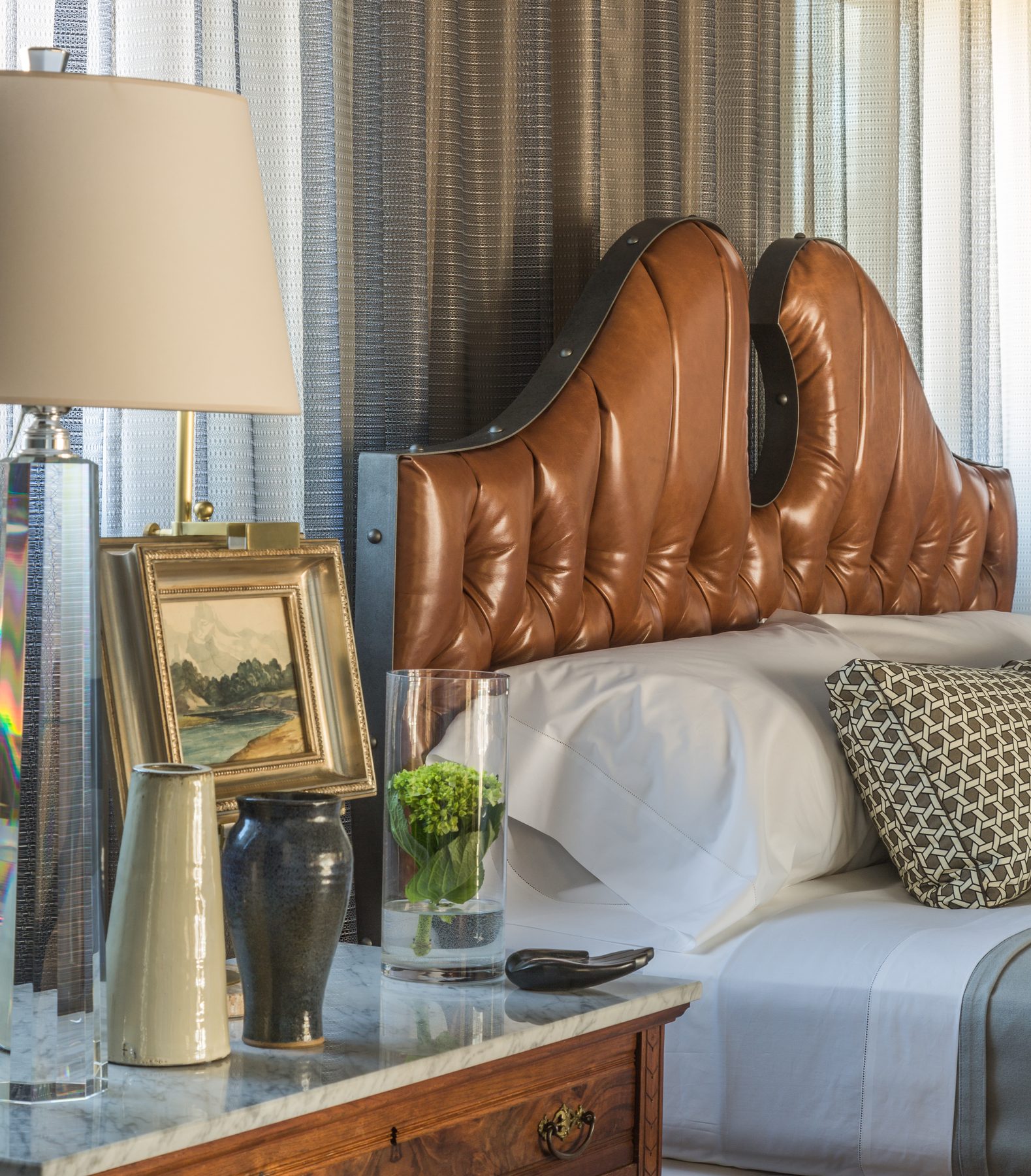 Tailored study and suite with lacquered walls, tobacco leather, and brass — DC Design House by Christopher Patrick Interiors